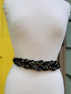 Vintage Black Velvet Braided Stretch Belt Gold Trim Waist Cincher